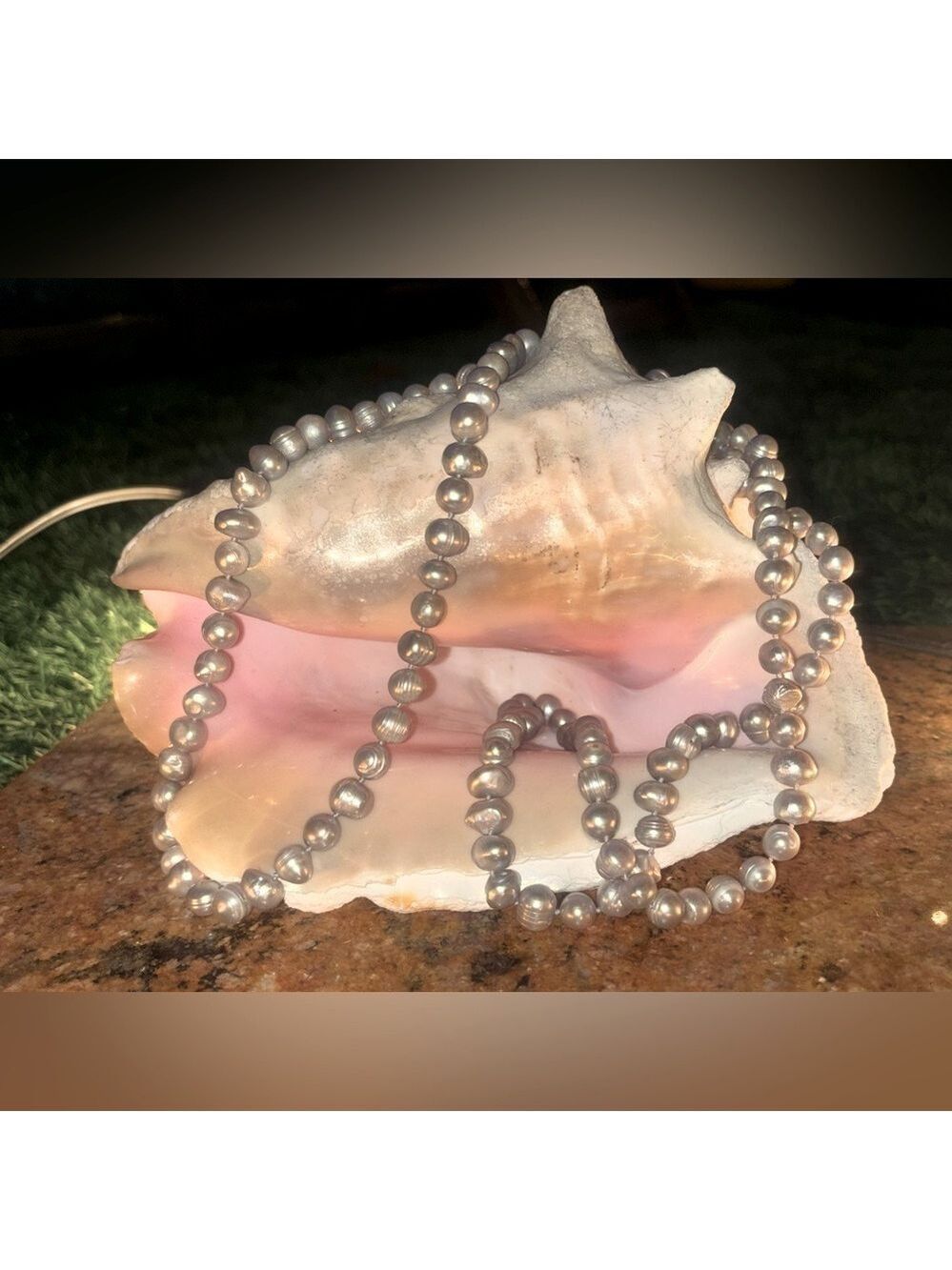 GENUINE Silver-Grey Ringed Edison Pearl Necklace 48” Opera Length 9–10mm Knotted